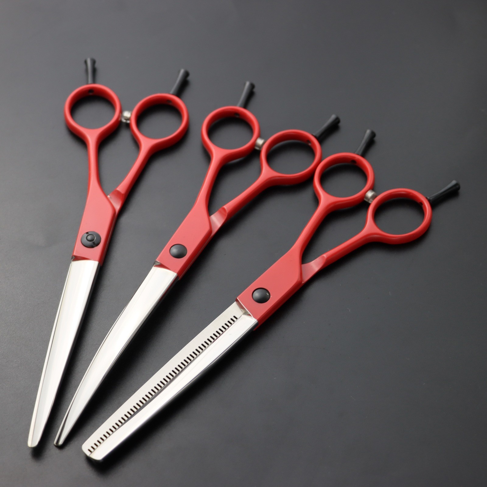 宠物美容剪刀粉红色红色6.5寸7寸理发剪刀直剪翘弯剪套装图2