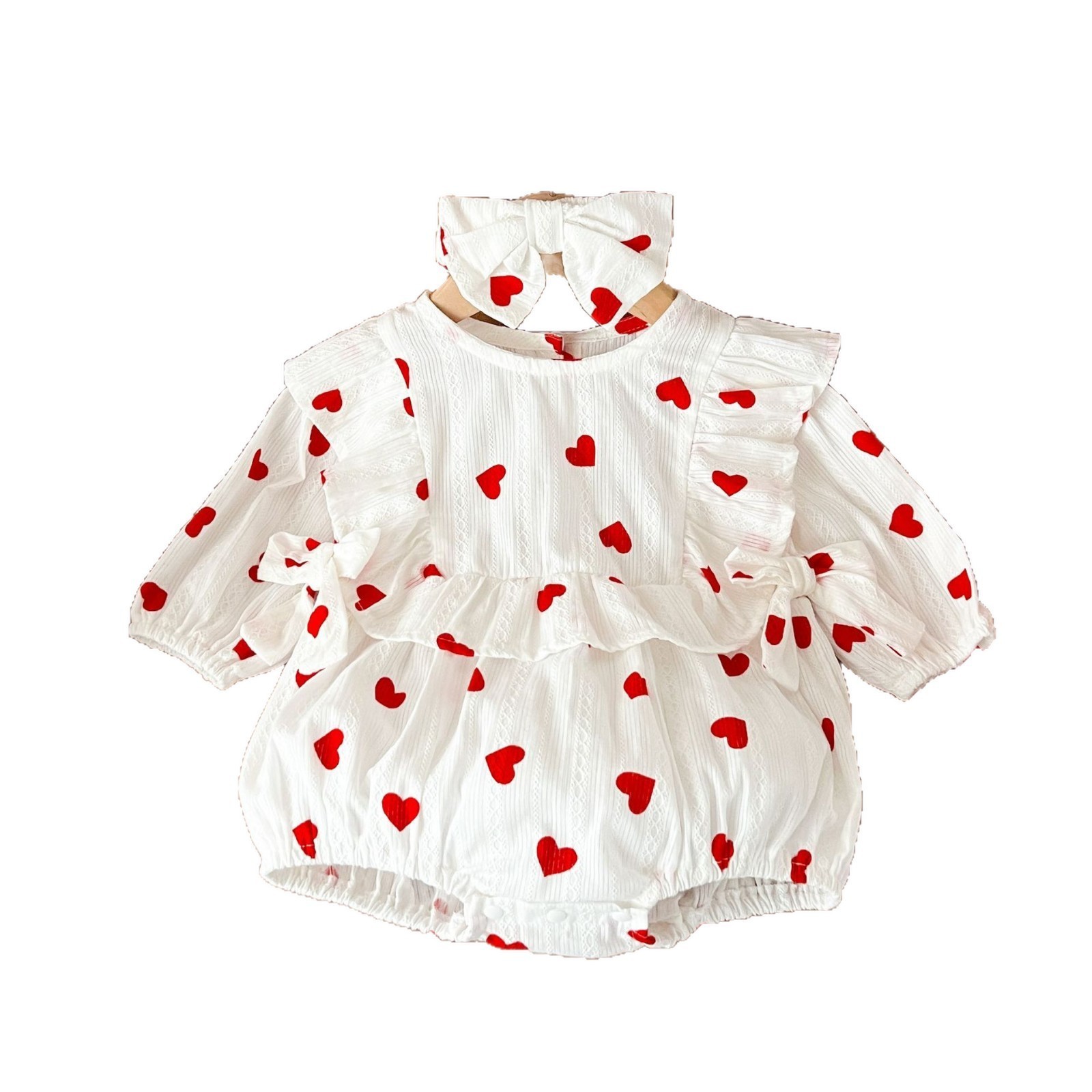 ins女童宝宝纯棉爱心印花哈衣带头巾婴幼童纯棉春秋季可爱连体衣图5