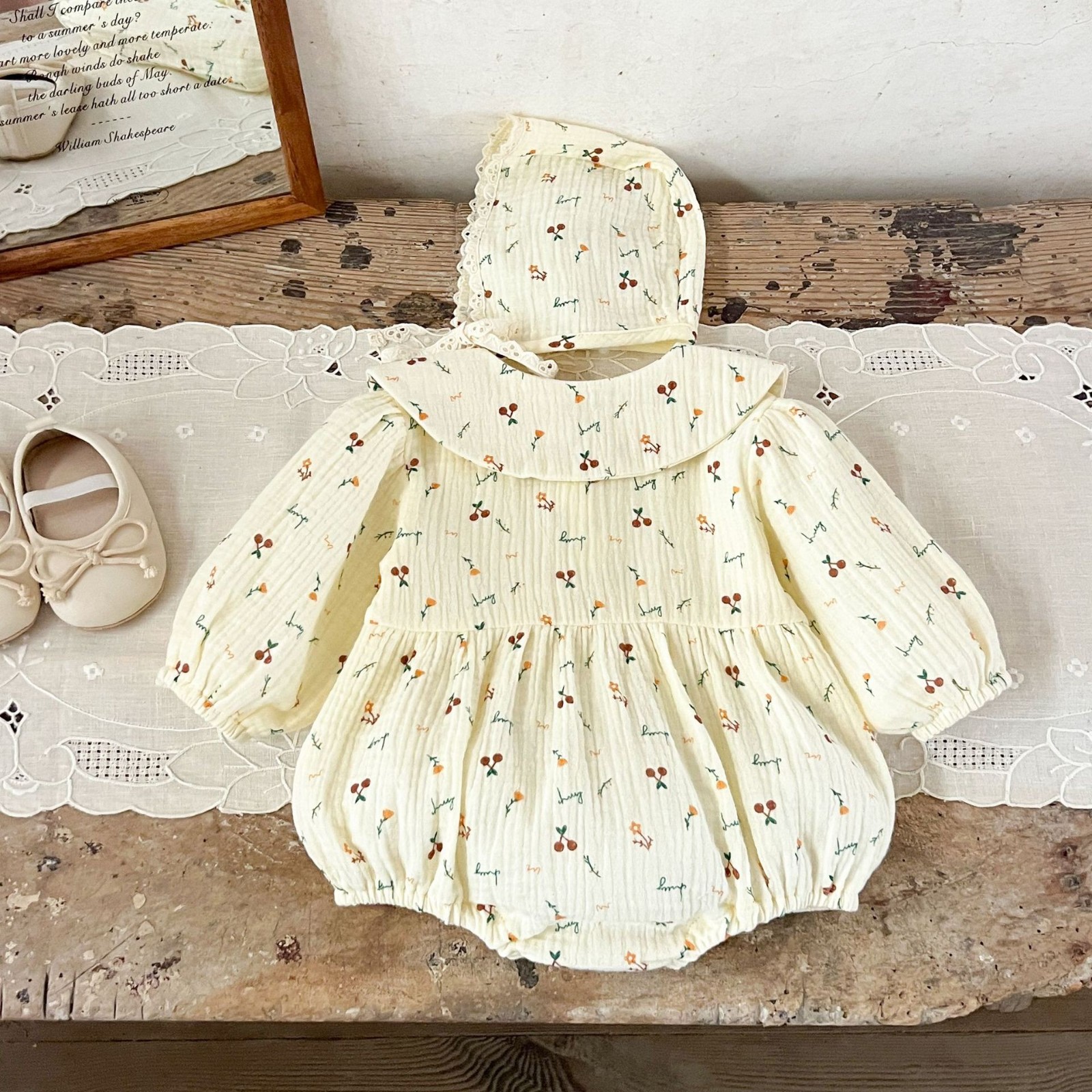 ins女童宝宝娃娃领印花连帽哈衣婴幼童春秋季纯棉柔软花边连体衣图4