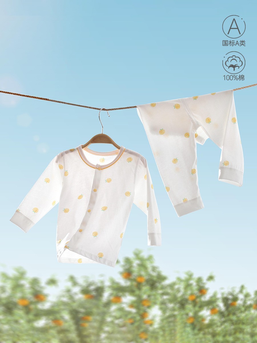 夏季婴儿衣服套装薄款对开长袖a类全棉空调服睡衣宝宝分体套装