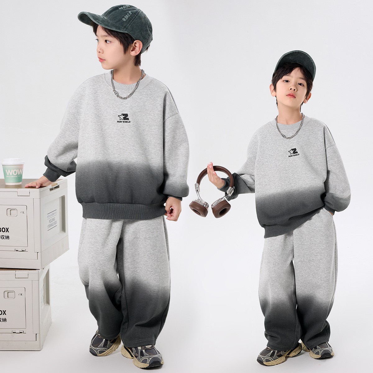 男童春秋装套装中大童圆领套头卫衣裤子两件套吊染工艺加工定制图2