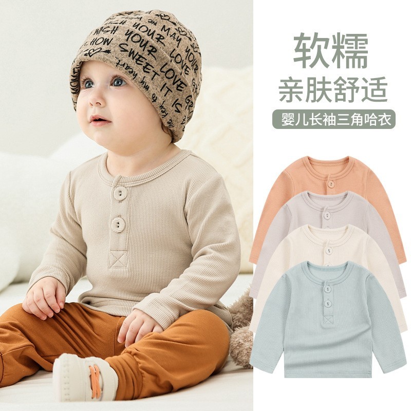 外贸童装工厂定制ins欧美坑条宝宝秋装长袖t恤婴儿打底圆领上衣图3