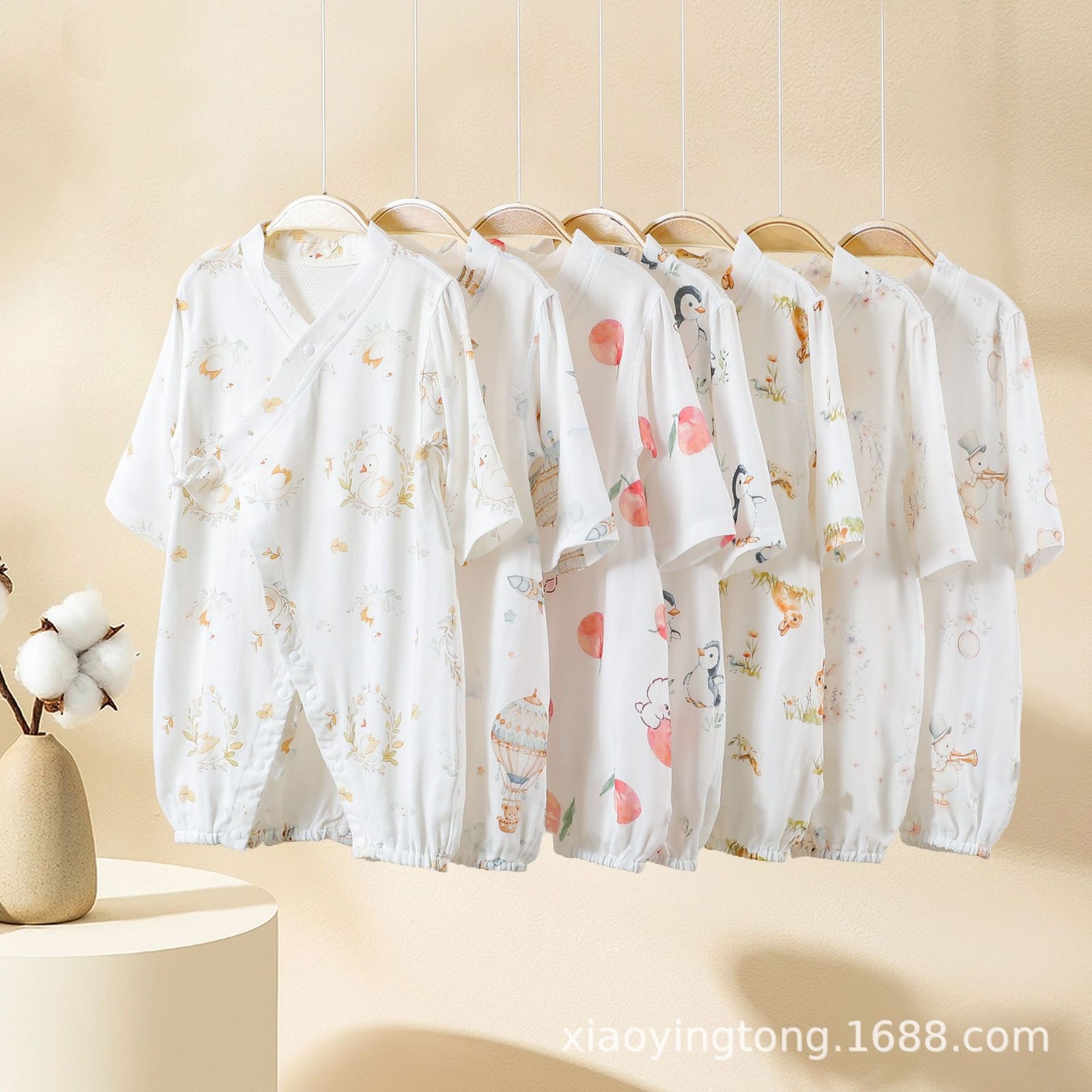 婴儿纱布连体衣宝宝夏款超薄长袖纯棉哈衣儿童夏季空调服新生爬服