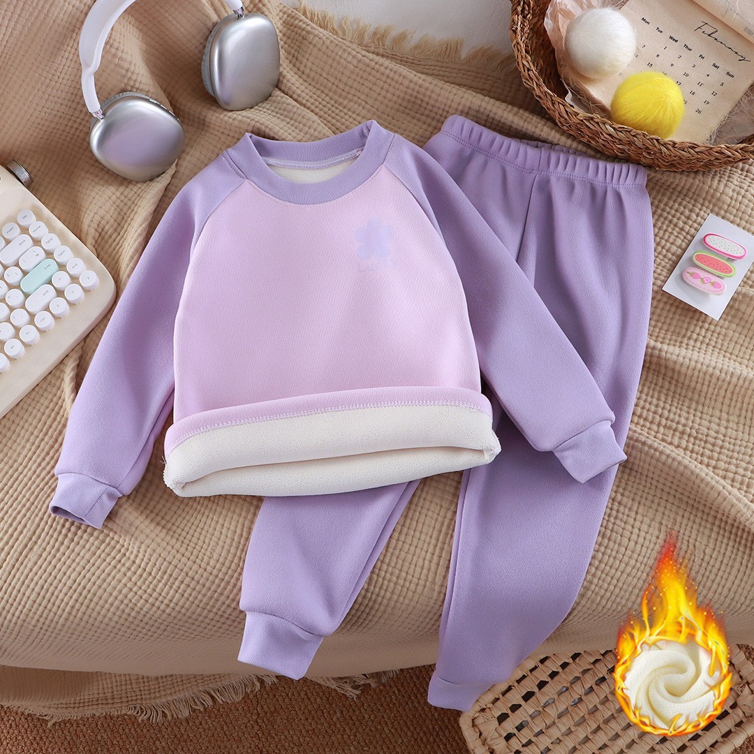 定制新款秋冬儿童加绒加厚保暖内衣套装男童女童插肩袖拼色宝宝图5