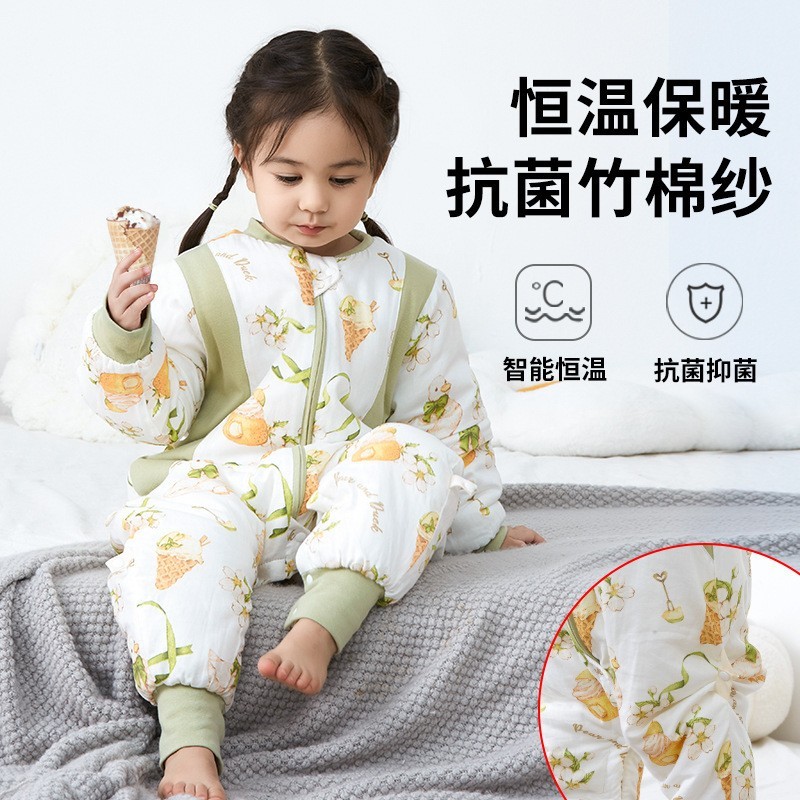 夹棉儿童竹纤维分腿睡袋秋加厚婴儿恒温竹棉纱布宝宝抑菌睡衣A类图4