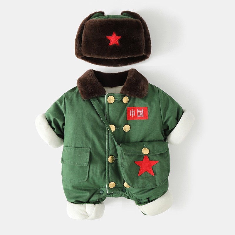 婴儿衣服冬装加绒保暖军装满月宝宝小红军连体棉衣周岁军大衣爬服图3