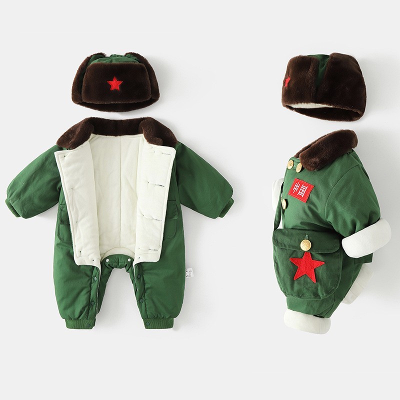 婴儿衣服冬装加绒保暖军装满月宝宝小红军连体棉衣周岁军大衣爬服图4