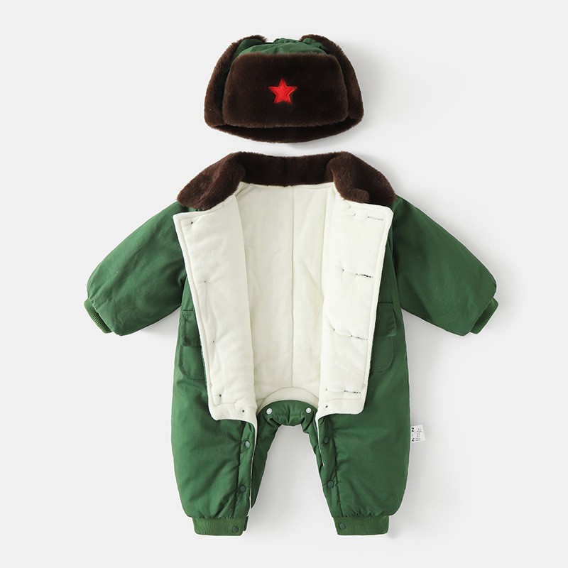 婴儿衣服冬装加绒保暖军装满月宝宝小红军连体棉衣周岁军大衣爬服图2