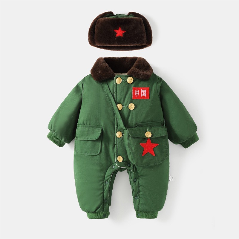 婴儿衣服冬装加绒保暖军装满月宝宝小红军连体棉衣周岁军大衣爬服图5