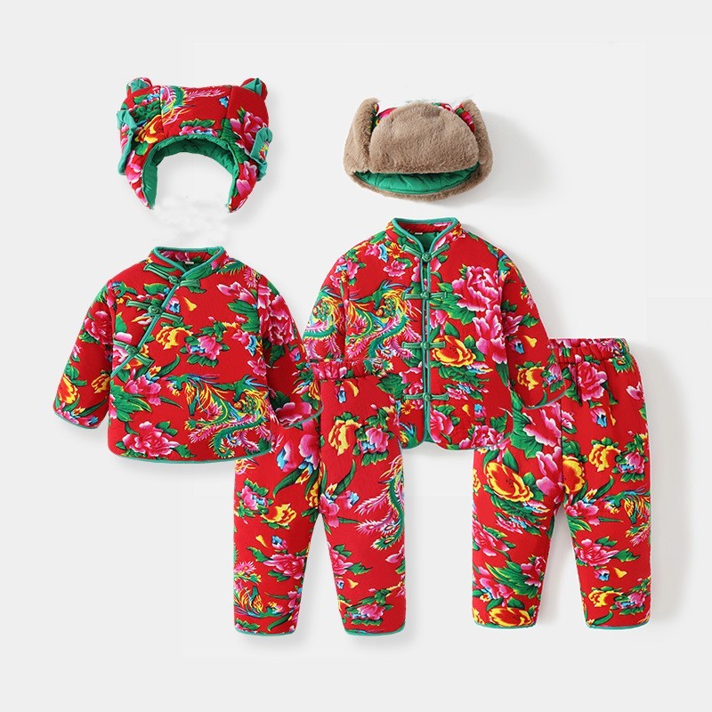 婴幼儿东北大花套装宝宝冬季棉服女童拜年衣服小儿童过年棉袄棉裤图4