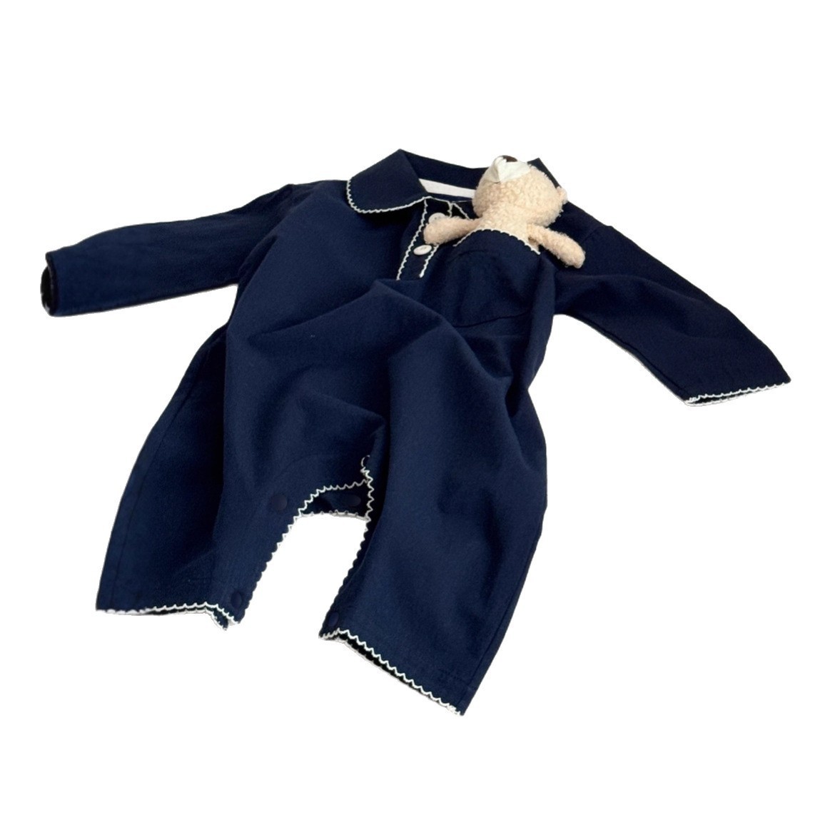 男女宝宝精致打揽两粒扣口袋长款爬服婴童气质翻领连腿哈衣包屁衣图5