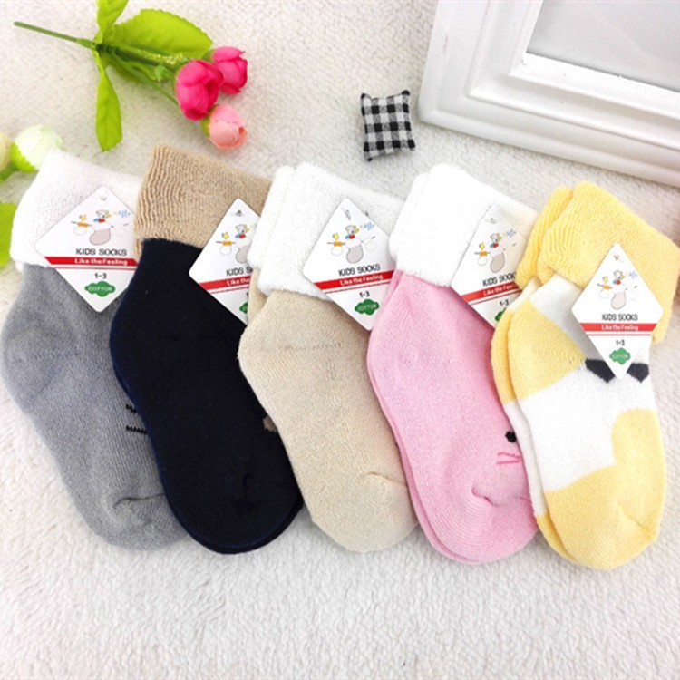新款秋冬季加厚保暖毛圈加绒袜子 婴幼儿纯色棉袜子 儿童袜