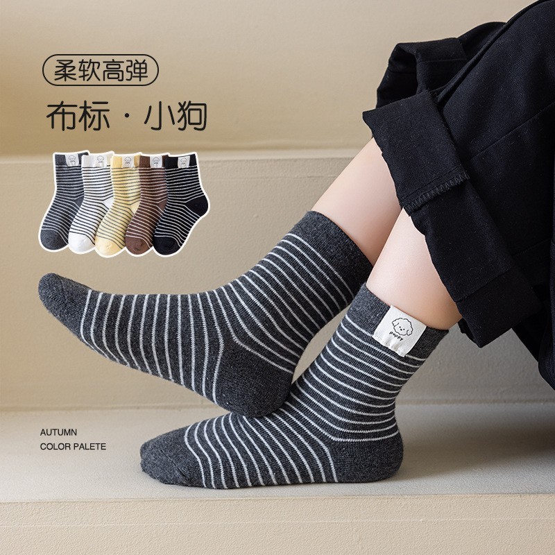 儿童袜子秋冬款A类棉男童女童纯色条纹百搭学院风小狗布标中筒袜