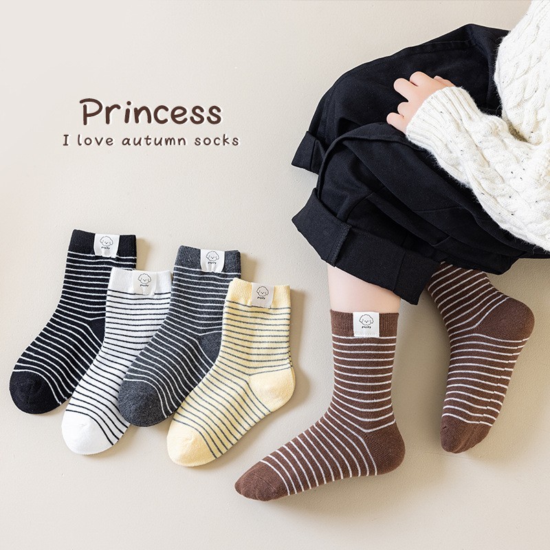 儿童袜子秋冬款A类棉男童女童纯色条纹百搭学院风小狗布标中筒袜图2