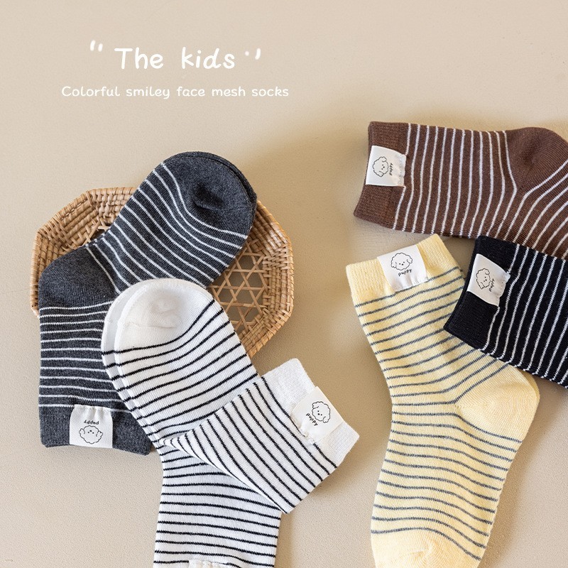 儿童袜子秋冬款A类棉男童女童纯色条纹百搭学院风小狗布标中筒袜图4