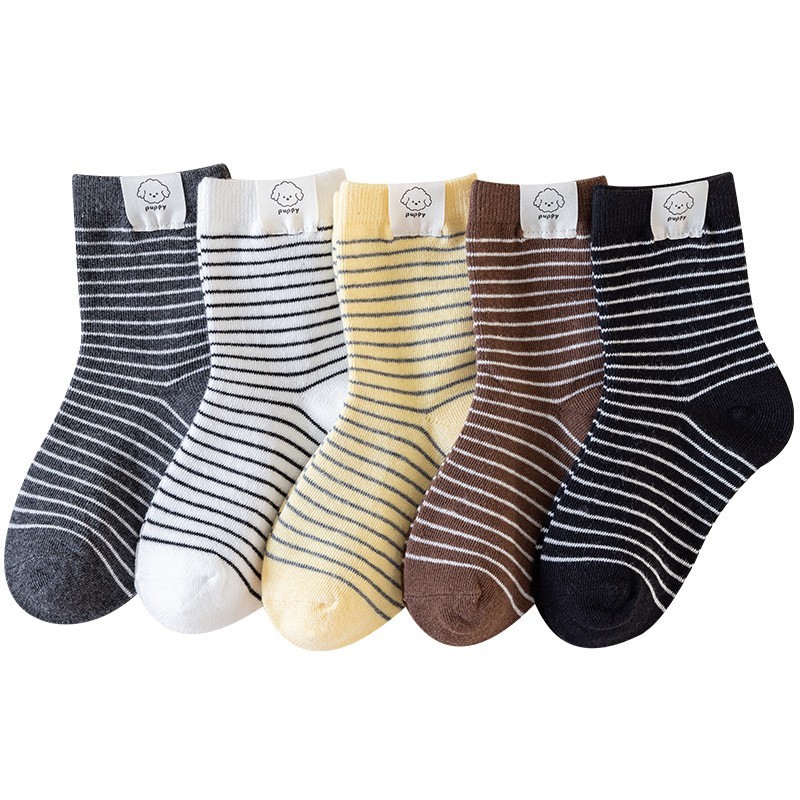 儿童袜子秋冬款A类棉男童女童纯色条纹百搭学院风小狗布标中筒袜图5
