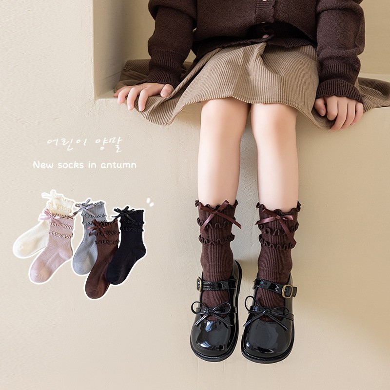 儿童袜子春秋款木耳边堆堆袜可爱蝴蝶结女童洛丽塔花边公主中筒袜