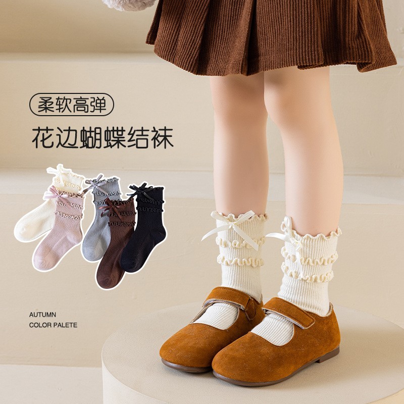 儿童袜子春秋款木耳边堆堆袜可爱蝴蝶结女童洛丽塔花边公主中筒袜图2