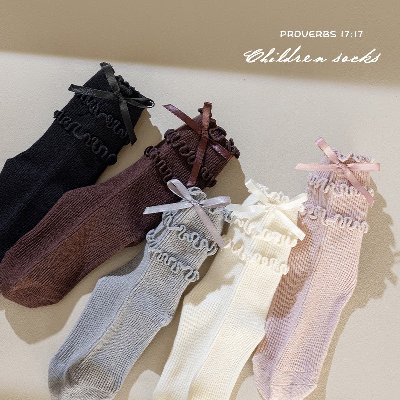 儿童袜子春秋款木耳边堆堆袜可爱蝴蝶结女童洛丽塔花边公主中筒袜图3