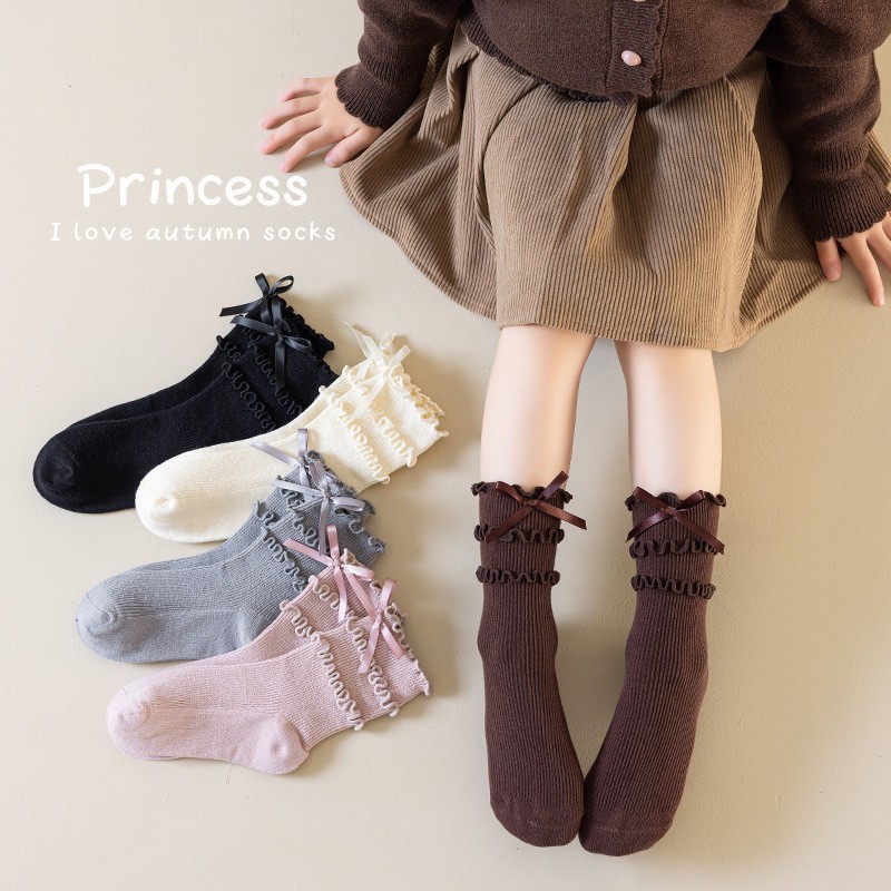 儿童袜子春秋款木耳边堆堆袜可爱蝴蝶结女童洛丽塔花边公主中筒袜图4