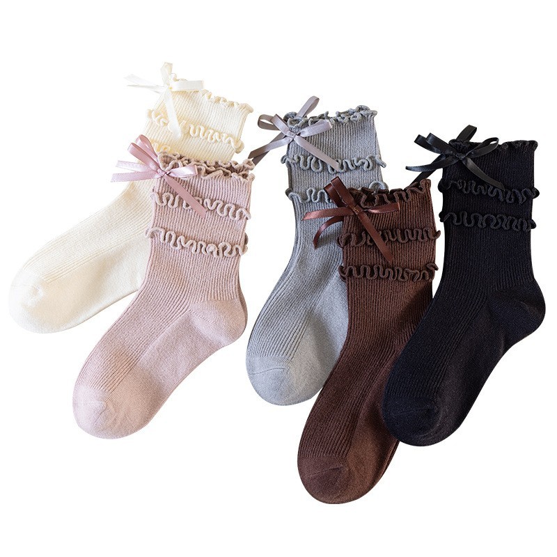 儿童袜子春秋款木耳边堆堆袜可爱蝴蝶结女童洛丽塔花边公主中筒袜图5