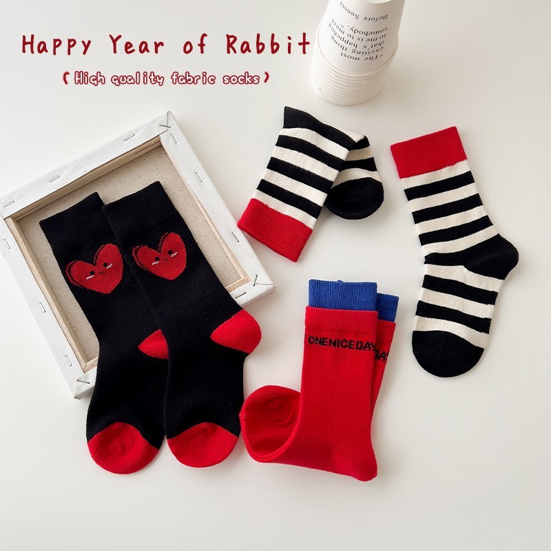 儿童袜子秋冬季a类棉女童红色百搭圣诞袜女孩宝宝加厚舒适中筒袜图2