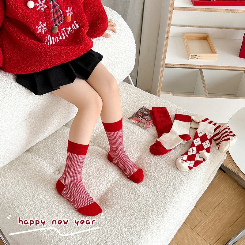儿童袜子秋冬季a类棉女童红色百搭圣诞袜女孩宝宝加厚舒适中筒袜图4