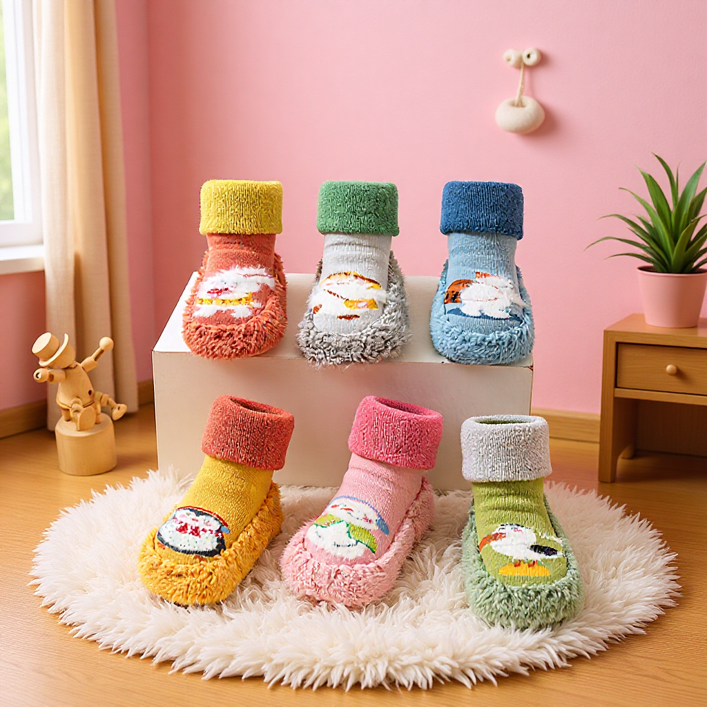 宝宝学步鞋袜冬加厚加绒防滑底儿童袜子婴儿地板袜中筒地板鞋男女