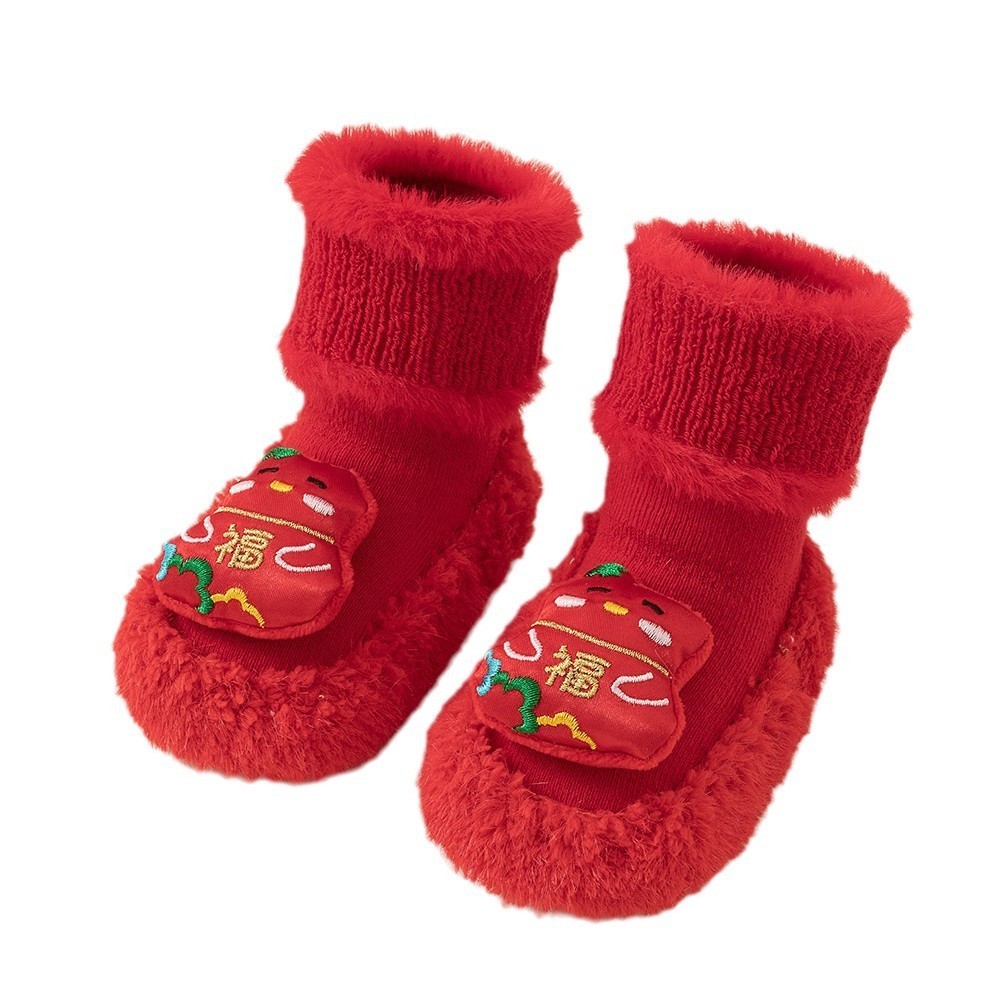 婴儿袜子秋冬加厚防滑袜宝宝学步地板袜婴幼儿保暖满月大红新年袜图3