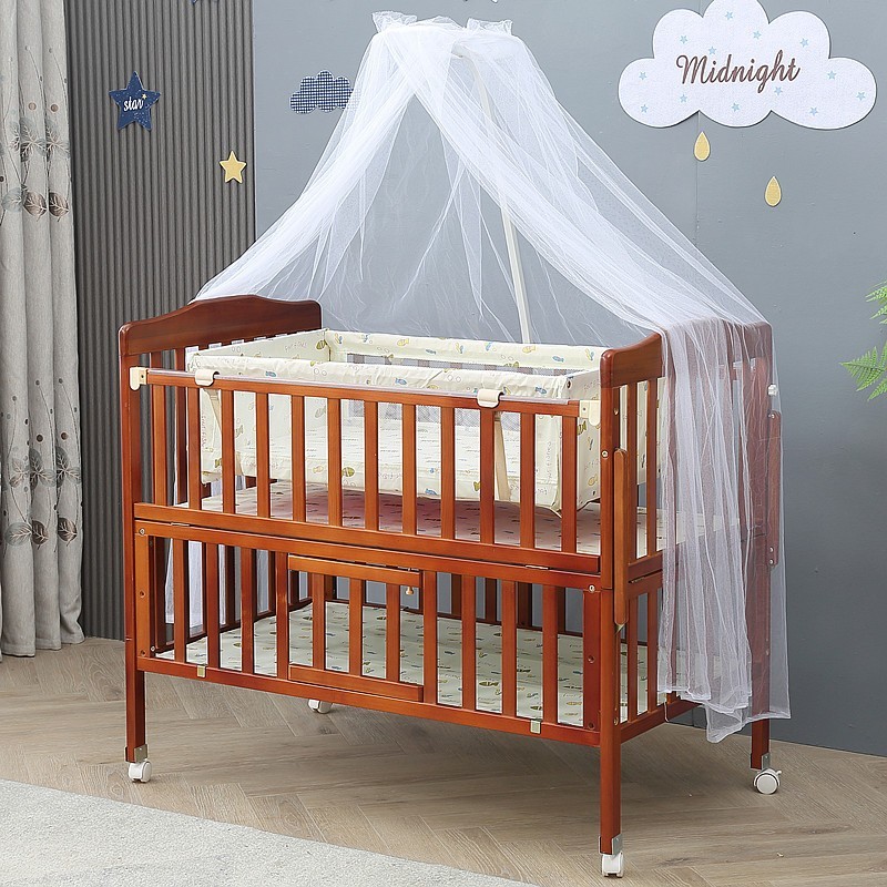 棕色婴儿床实木宝宝摇篮床双层带储物可加长儿童拼接床婴幼儿床