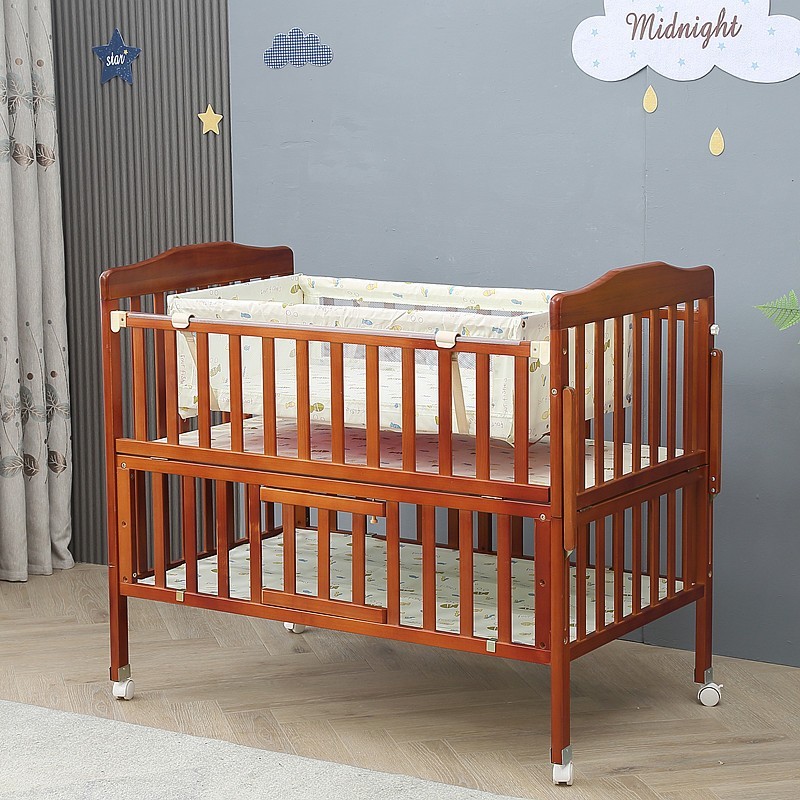棕色婴儿床实木宝宝摇篮床双层带储物可加长儿童拼接床婴幼儿床图2