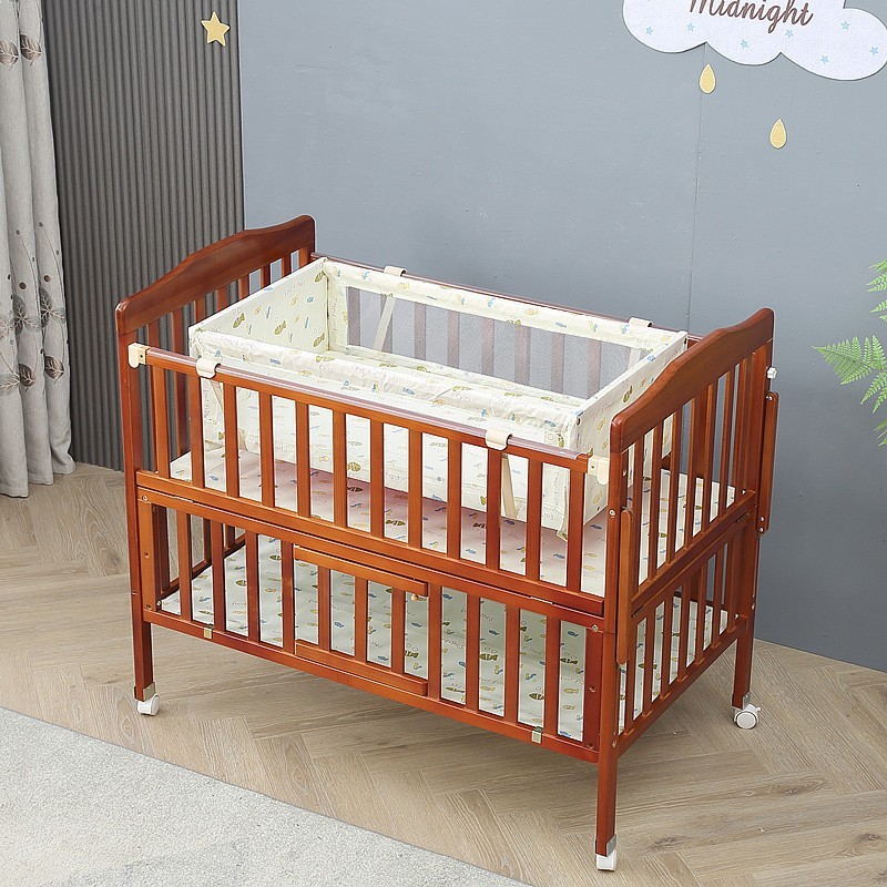 棕色婴儿床实木宝宝摇篮床双层带储物可加长儿童拼接床婴幼儿床图3