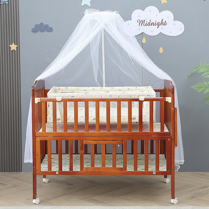 棕色婴儿床实木宝宝摇篮床双层带储物可加长儿童拼接床婴幼儿床图5