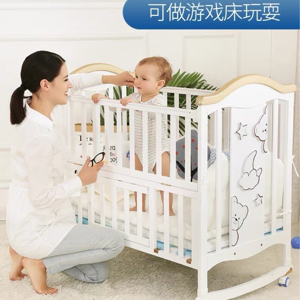 婴儿床实木新生儿宝宝bb摇篮多功能无漆可移动儿童拼接大床松木图3