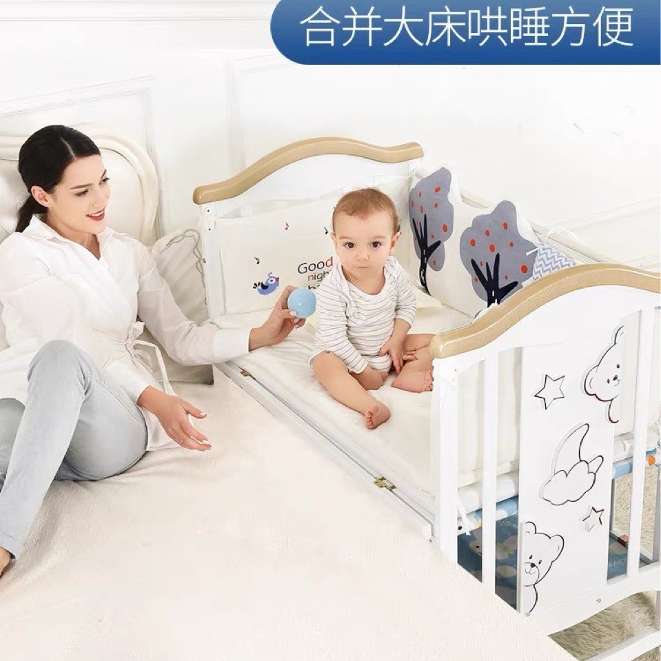 婴儿床实木新生儿宝宝bb摇篮多功能无漆可移动儿童拼接大床松木图2
