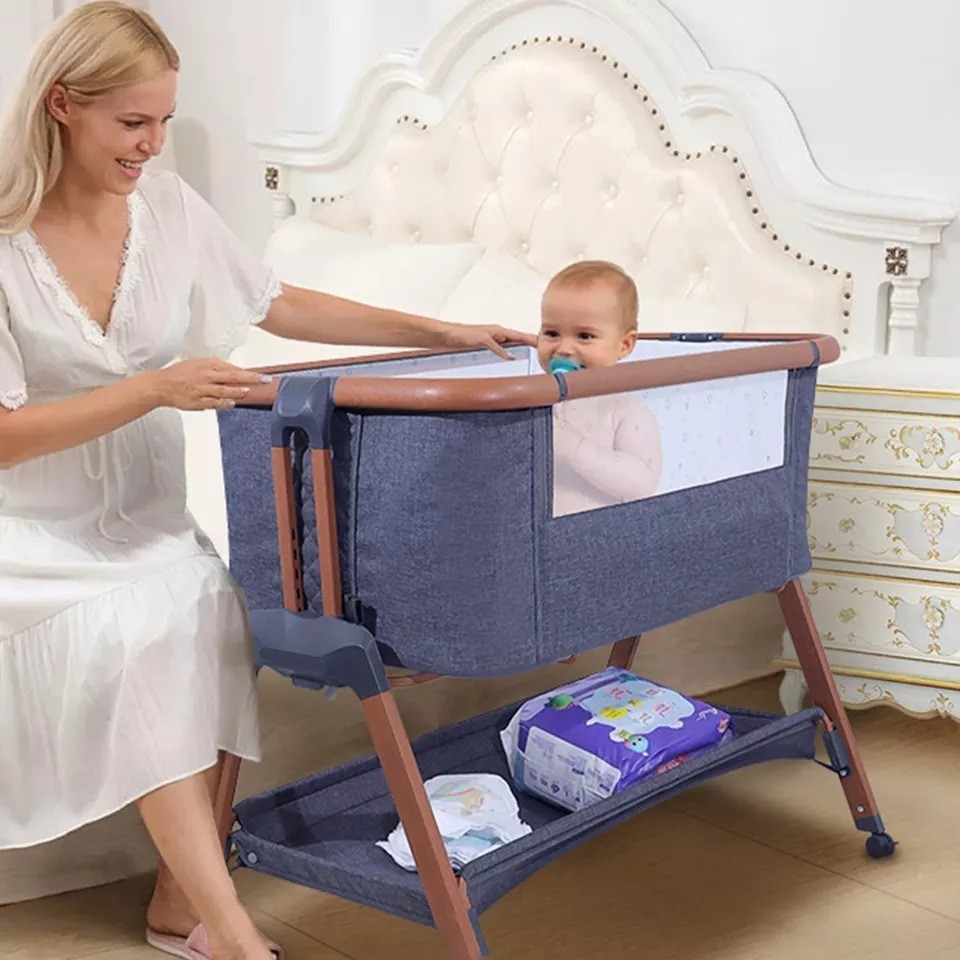 跨境热卖 婴儿床可变尿布台带轮子6档高度调节平稳舒适床边床