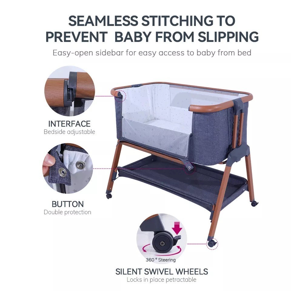 跨境热卖 婴儿床可变尿布台带轮子6档高度调节平稳舒适床边床图3