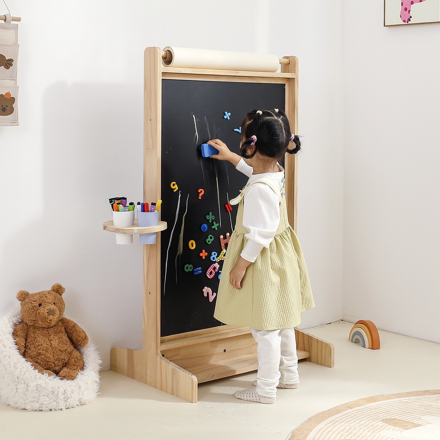 儿童画板双面磁性带画轴笔筒架实木支架式无尘涂鸦儿童绘画板黑板图4