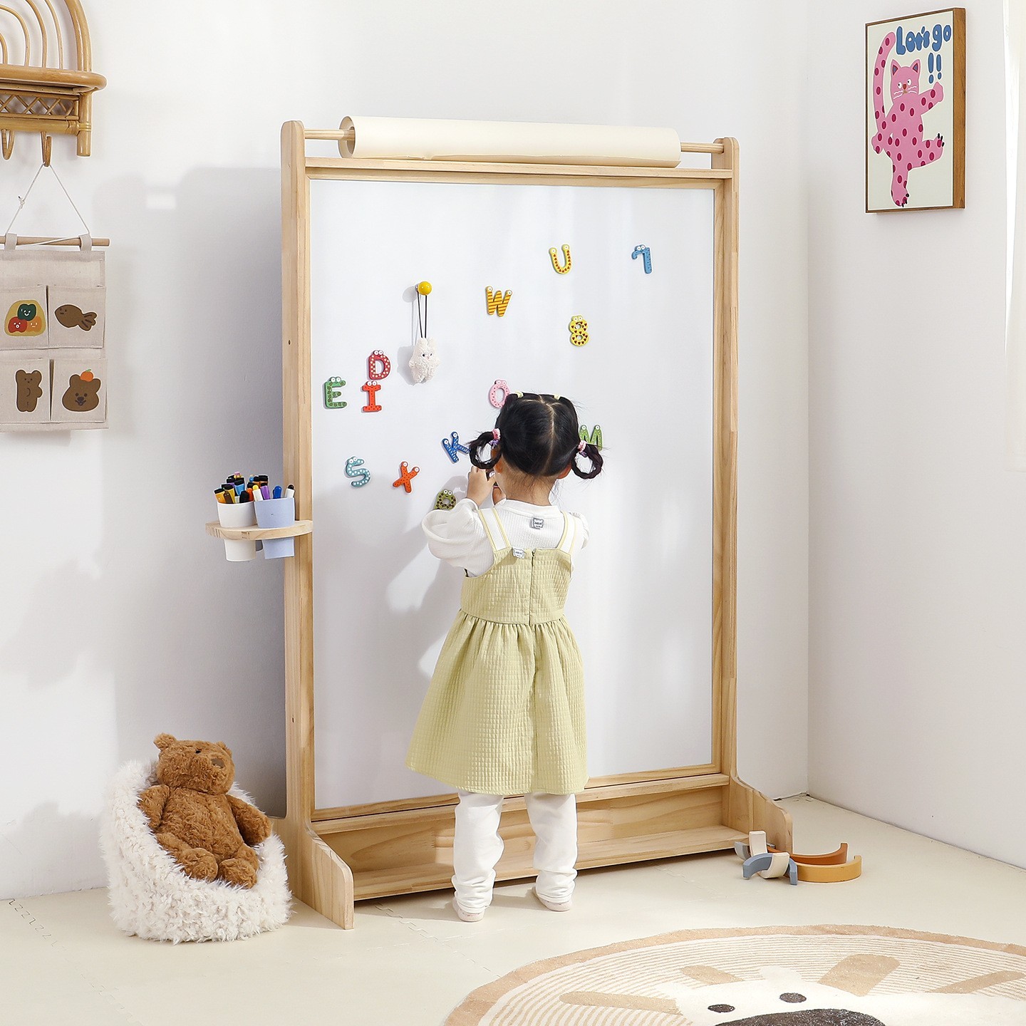 儿童画板双面磁性带画轴笔筒架实木支架式无尘涂鸦儿童绘画板黑板图2