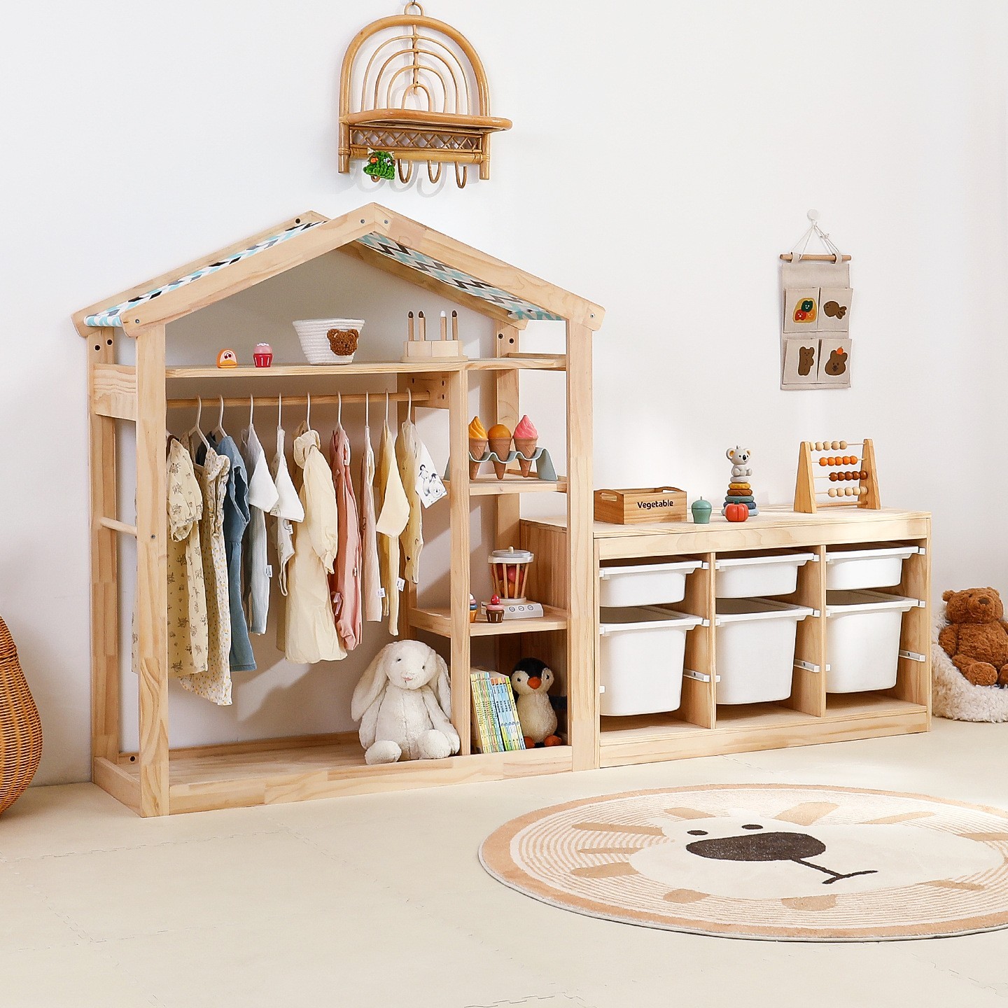 儿童衣架落地卧室家用挂衣架衣服收纳架多功能置物架实木衣帽架图3