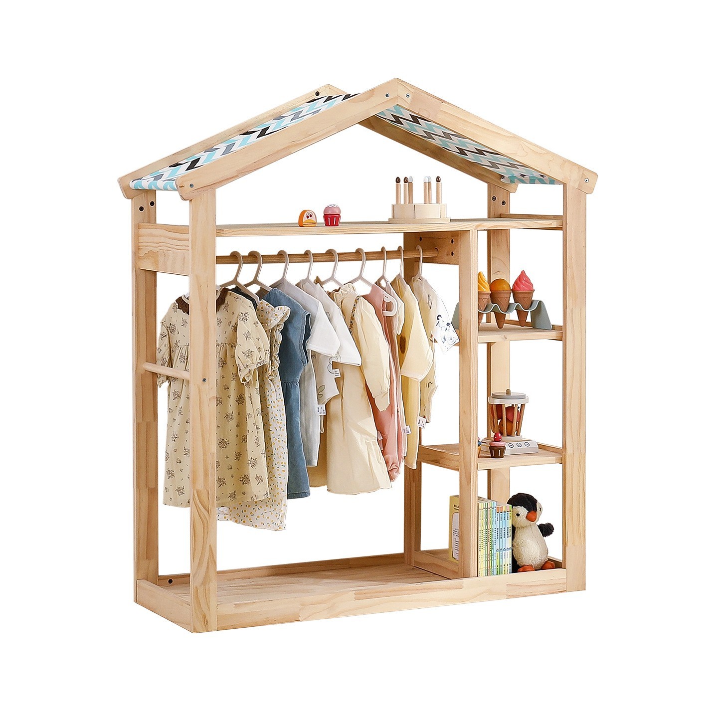 儿童衣架落地卧室家用挂衣架衣服收纳架多功能置物架实木衣帽架图5