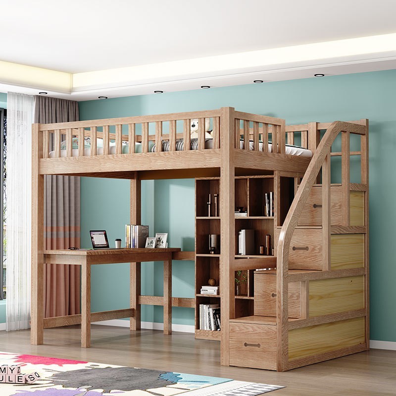 北美红橡木儿童上床下桌高架床单上层双人全实木子母床上下铺子母