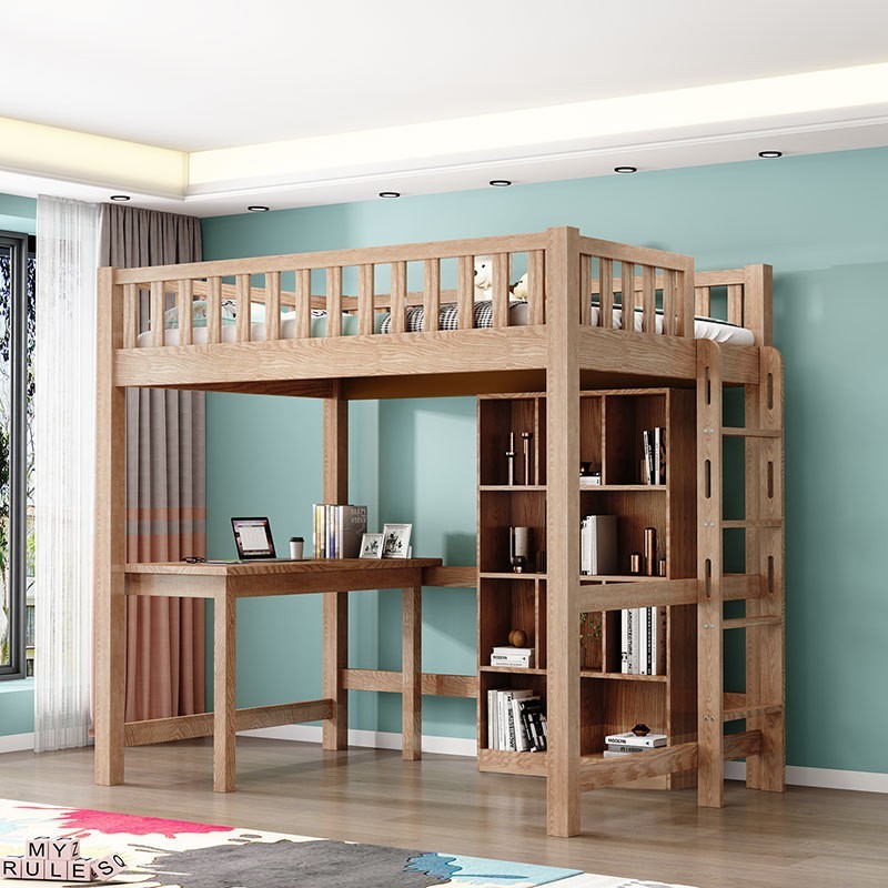 北美红橡木儿童上床下桌高架床单上层双人全实木子母床上下铺子母图3