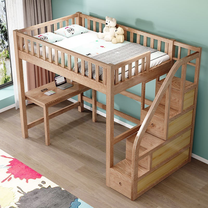 北美红橡木儿童上床下桌高架床单上层双人全实木子母床上下铺子母图4