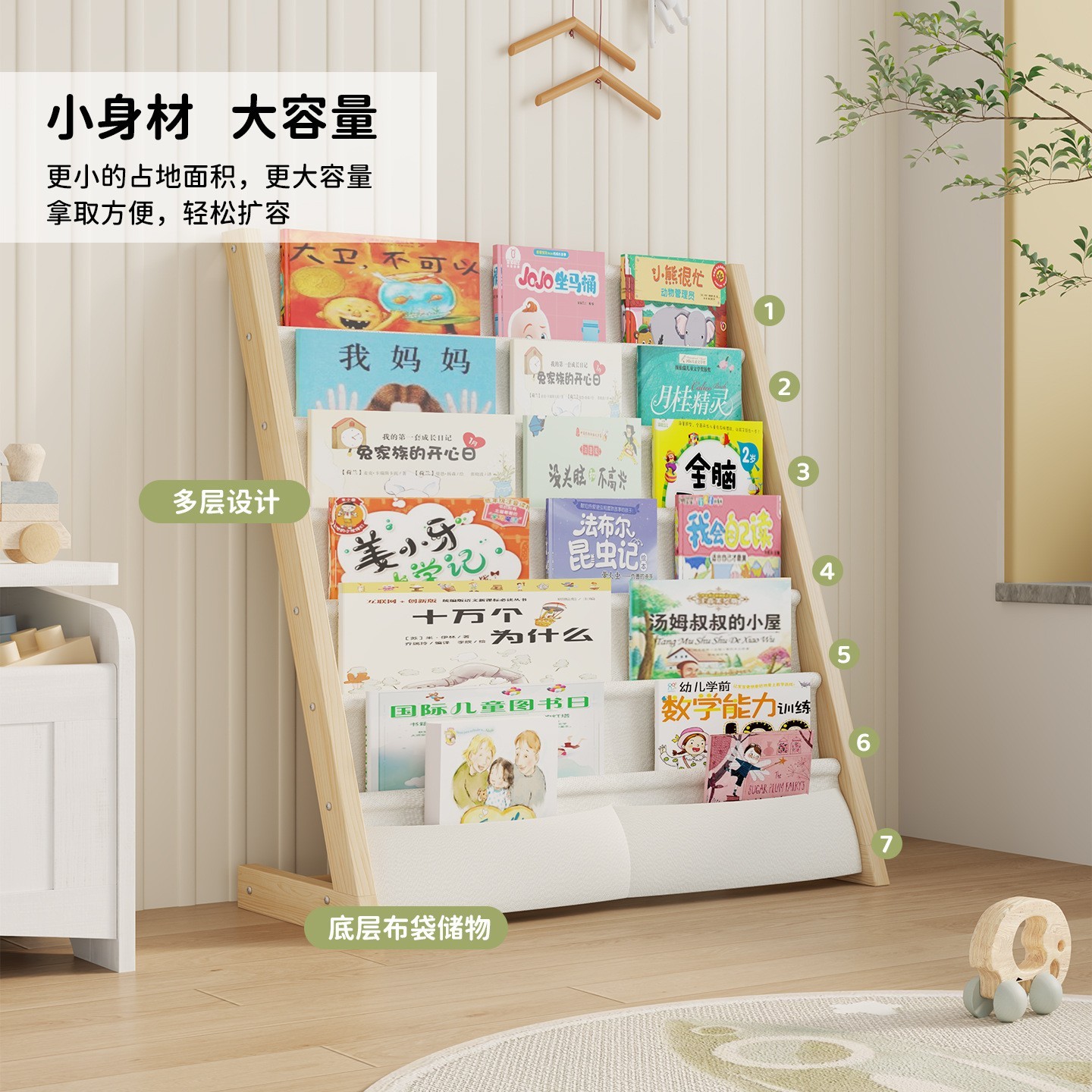 实木儿童书架布艺可拆洗落地多层书刊简易收纳架幼儿园宝宝绘本架图3