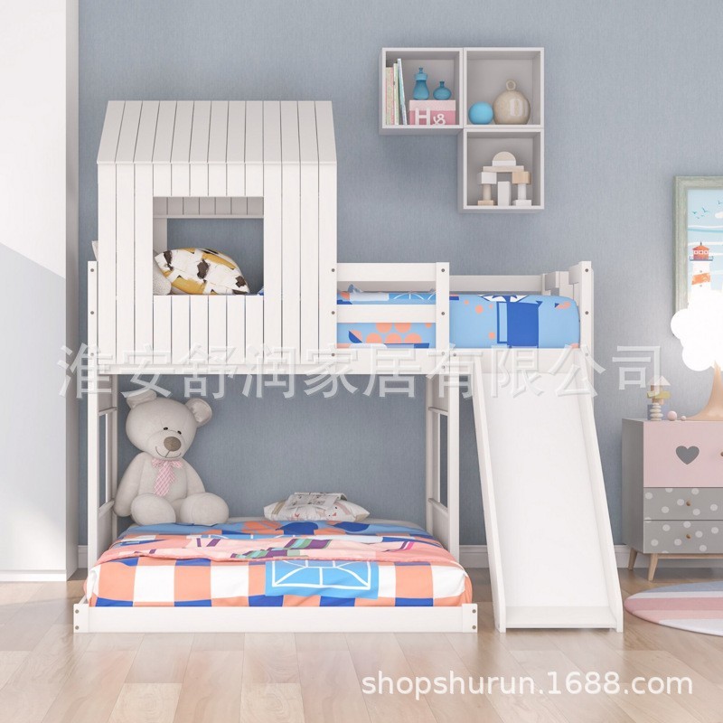 创意双胞胎宝宝床子母床实木小户型高低床铺床屋顶儿童床带滑滑梯