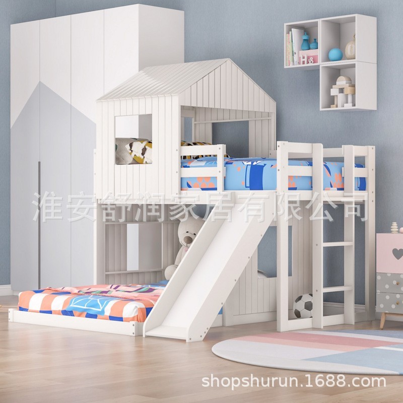 创意双胞胎宝宝床子母床实木小户型高低床铺床屋顶儿童床带滑滑梯图2
