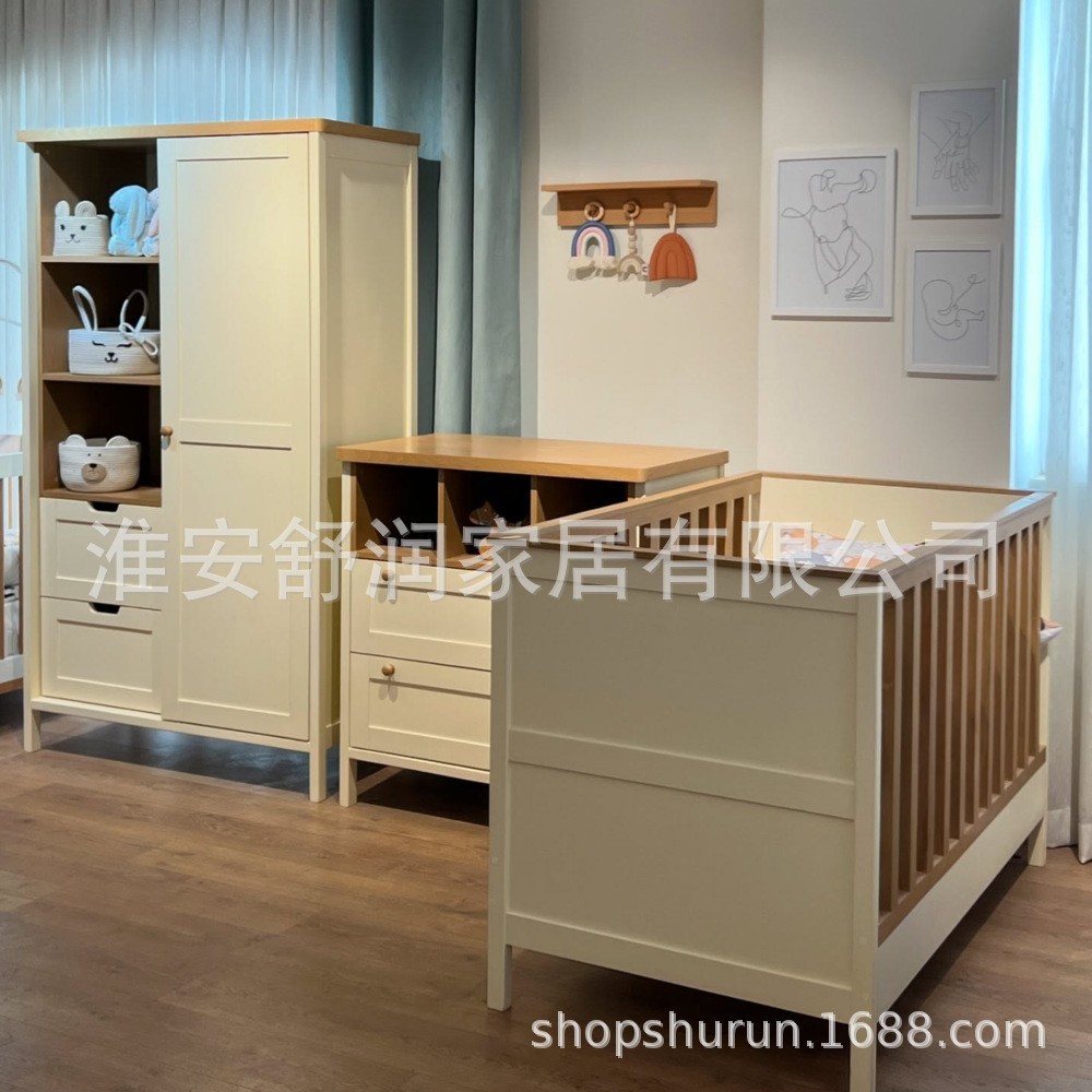 外贸定制3件套榉木婴儿床婴儿换尿布的床尿布台卧室儿童衣柜橱柜图2