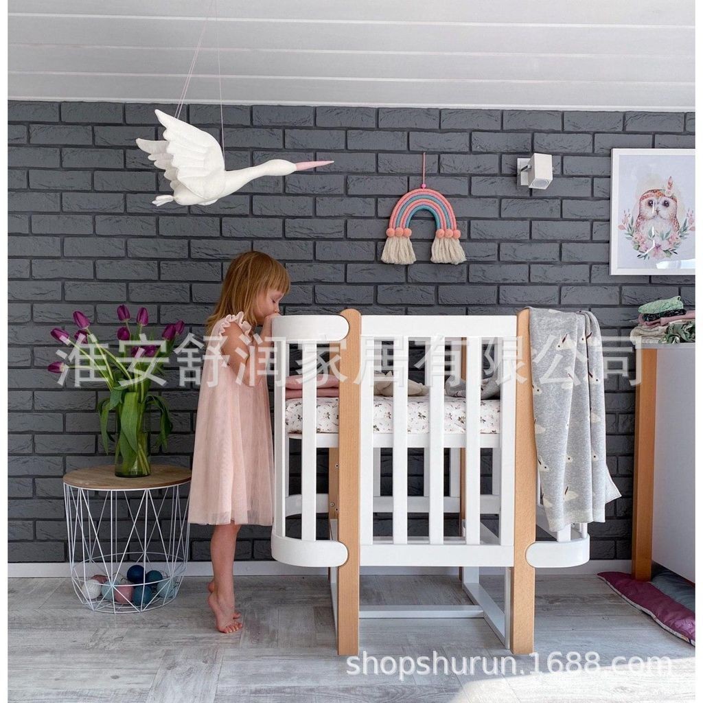 来图定制榉木婴儿床儿童家具实木宝宝可加长单人床可转换沙发床