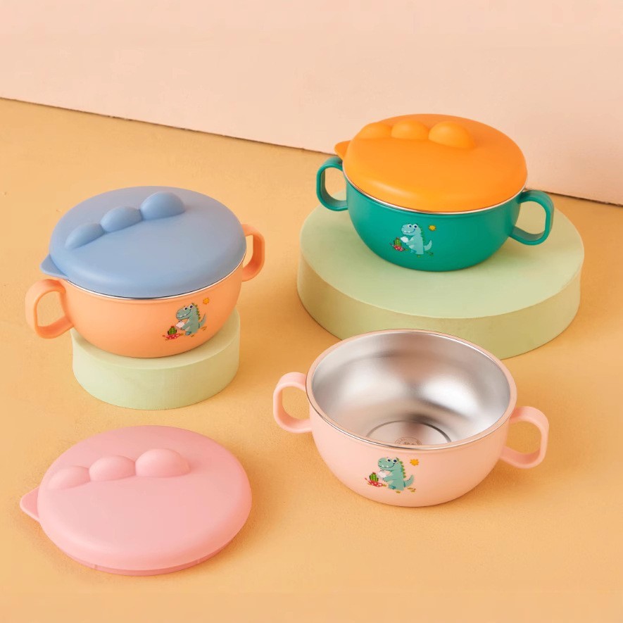 新款小恐龙饭碗宝宝吃饭辅食碗316不锈钢儿童碗保温碗带勺子餐具